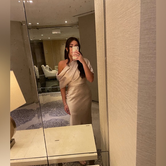 Amsale Pryce Off-Shoulder Satin Column Gown champagne color - Picture 4 of 5